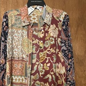 Rose and Olive Multi-Pattern Button Front Blouse in Burgundy with multi color